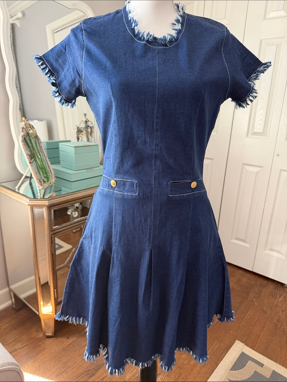 Dizzy Lizzie Fabulous Denim Frayed Hem Edges Fit-&-Flare Dress Great Fit & Cut S